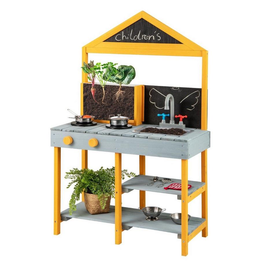 Northix  Matschküche Kinder Outdoor Kinderküche Tannenholz mit Pflanzbehälter & 2 Kreidetafeln & Wasserhahn Blau 