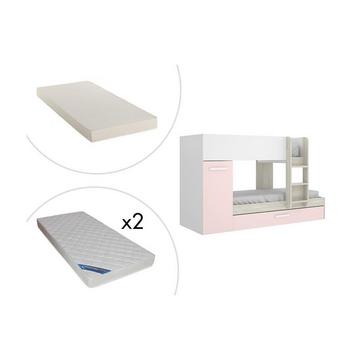 Letto a castello con contenitori 0 Bianco Rovere e Rosa + Materasso ANTHONY