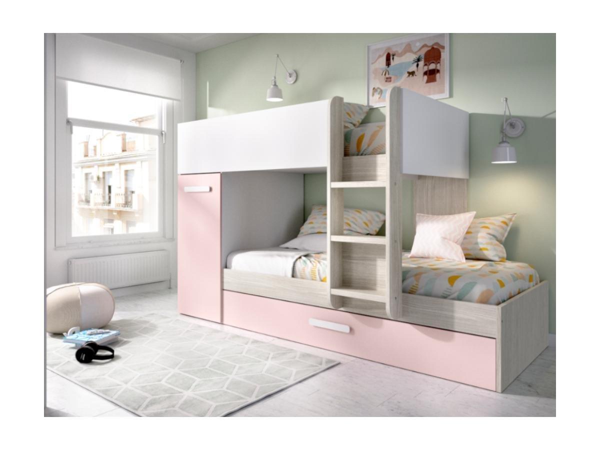 Vente-unique Letto a castello con contenitori 0 Bianco Rovere e Rosa + Materasso ANTHONY  