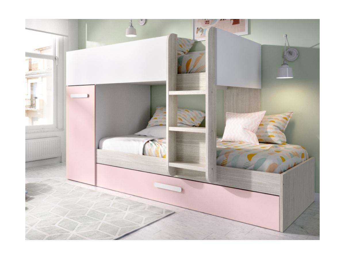 Vente-unique Letto a castello con contenitori 0 Bianco Rovere e Rosa + Materasso ANTHONY  