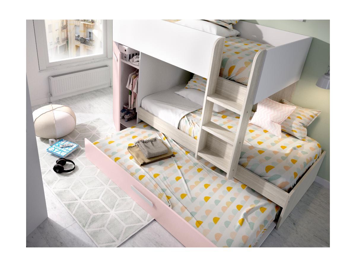 Vente-unique Etagenbett Ausziehbett mit Stauraum + Matratzen 3 Eichefarben Rosa ANTHONY  
