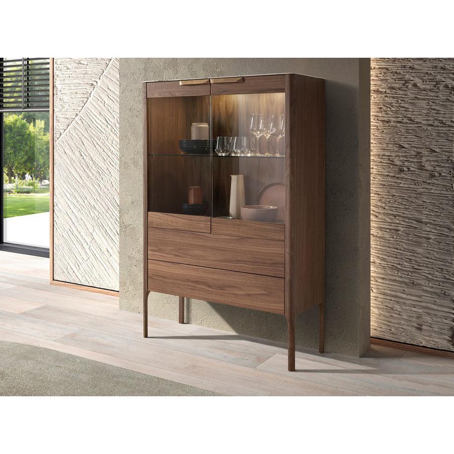 ANGEL CERDA Credenza alta in noce con piano in vetro finto marmo e illuminazione interna  