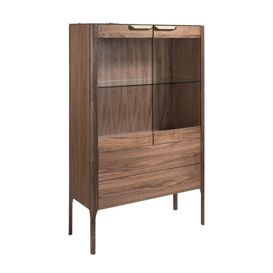 Hohe Anrichte aus Nussbaumholz mit Glasplatte aus Marmorimitation und Innenbeleuchtung