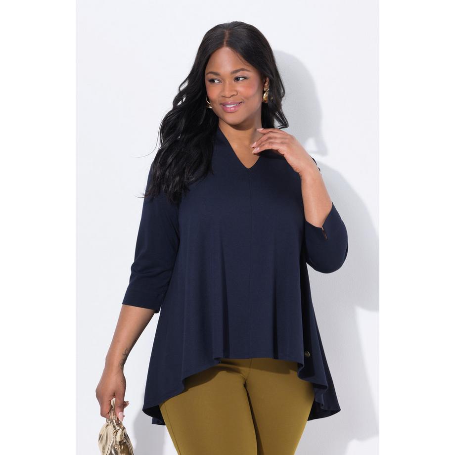 Ulla Popken T-shirt Taglio Svasato Piega sul Retro Scollo Montante Maniche 3/4  