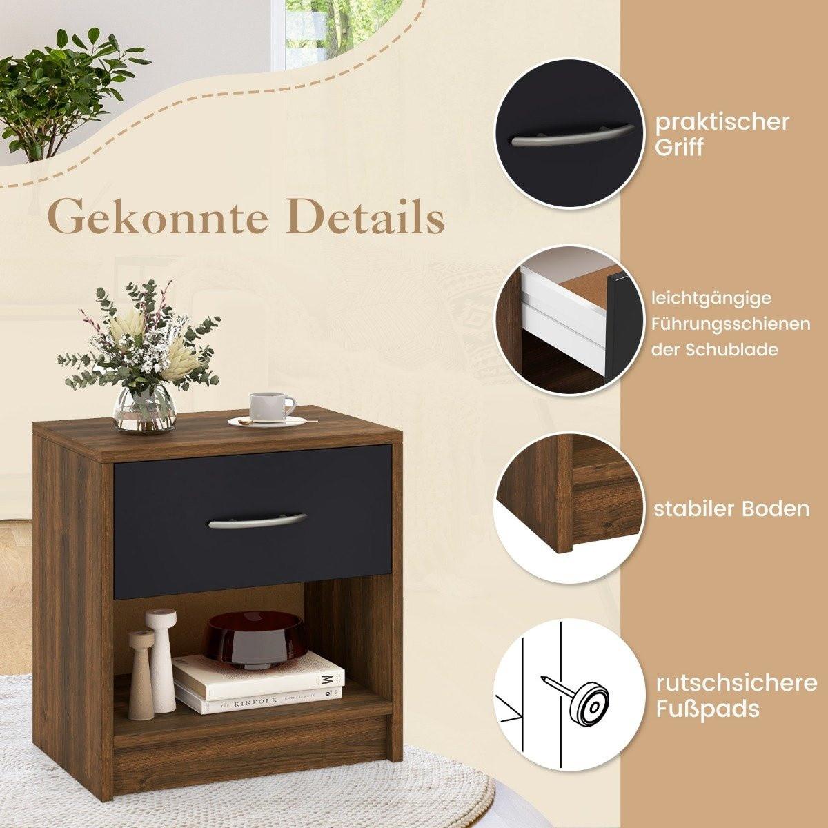 Northix Table de chevet avec tiroir Petite table d'appoint avec compartiment ouvert 38,5 x 28 x 40,5 cm marron + noir  