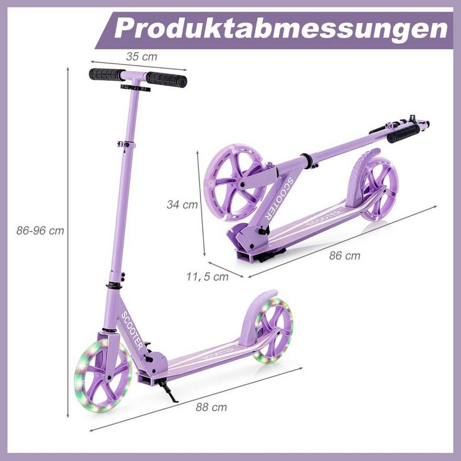 Trottinette pliable, trottinette de ville réglable en hauteur, capacité de charge de 100 kg, violet