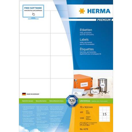 HERMA HERMA Etiketten PREMIUM 70x50.8mm 4278 weiss,perm. 1500 St./100 Bl.  