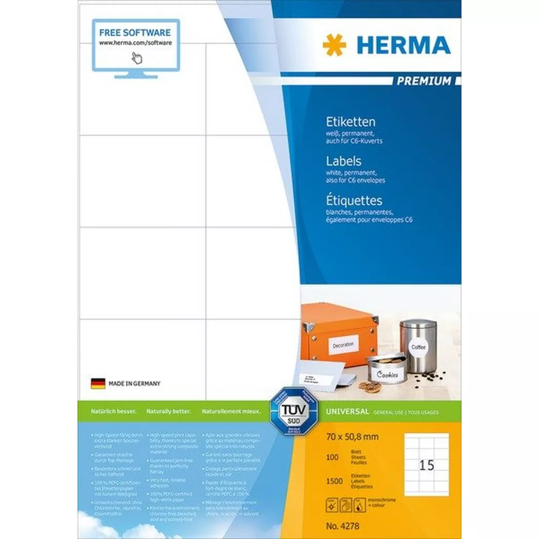 HERMA – Etiketten PREMIUM 70×50.8mm 4278 weiss,perm. 1500 St./100 Bl., One Size