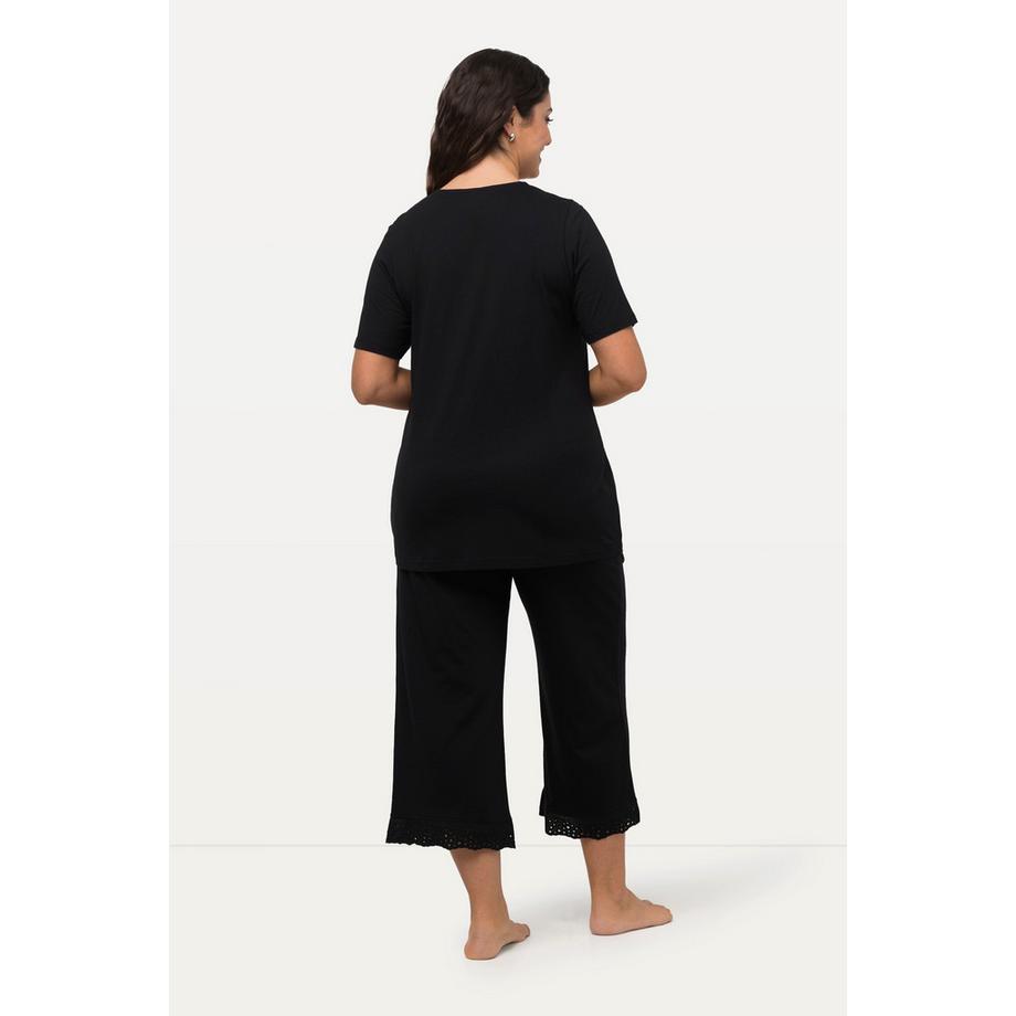 Ulla Popken Pyjama Broderie Ajourée Col en V Manches Courtes Mélange Modal  