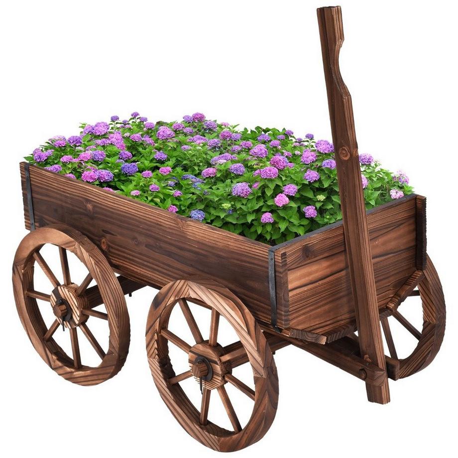 Carrello portafiori in legno fioriera con ruote carretto da giardino