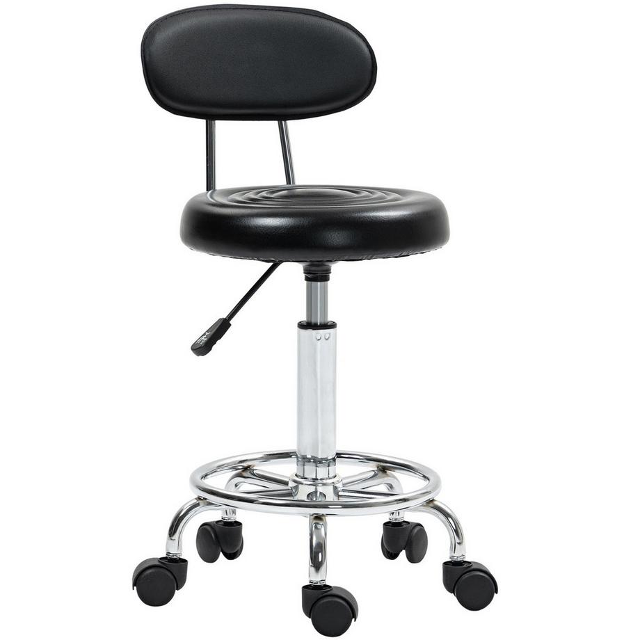 Tabouret roulant Tabouret de salon pivotant réglable en hauteur avec dossier, roulettes, tabouret de travail avec repose-pieds réglable pour bureau, simili cuir, 32 x 40 x 70-86 cm, noir