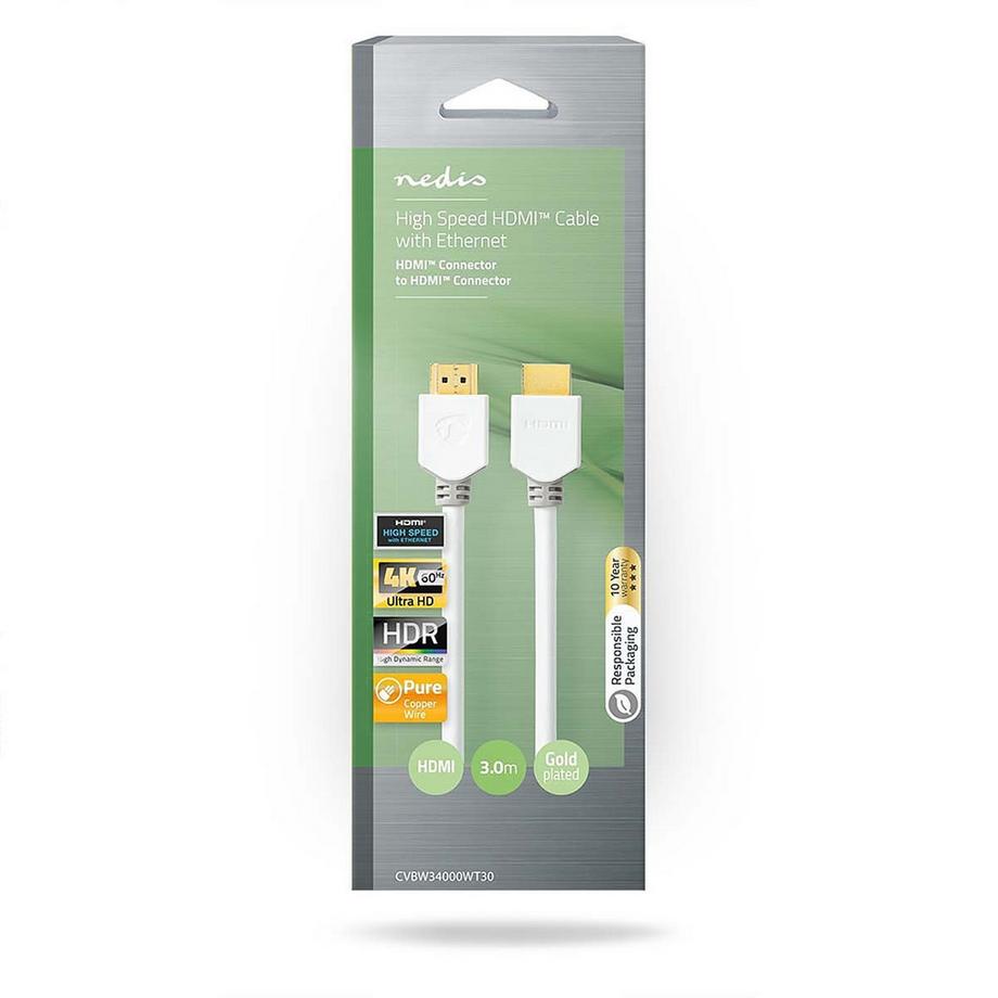 Nedis  Câble HDMI™ haute vitesse avec Ethernet | Connecteur HDMI™ | Connecteur HDMI™ | 4K@60Hz | ARC | 18 Gbps | 3,00 m | Rond | PVC | Blanc | Emballé 