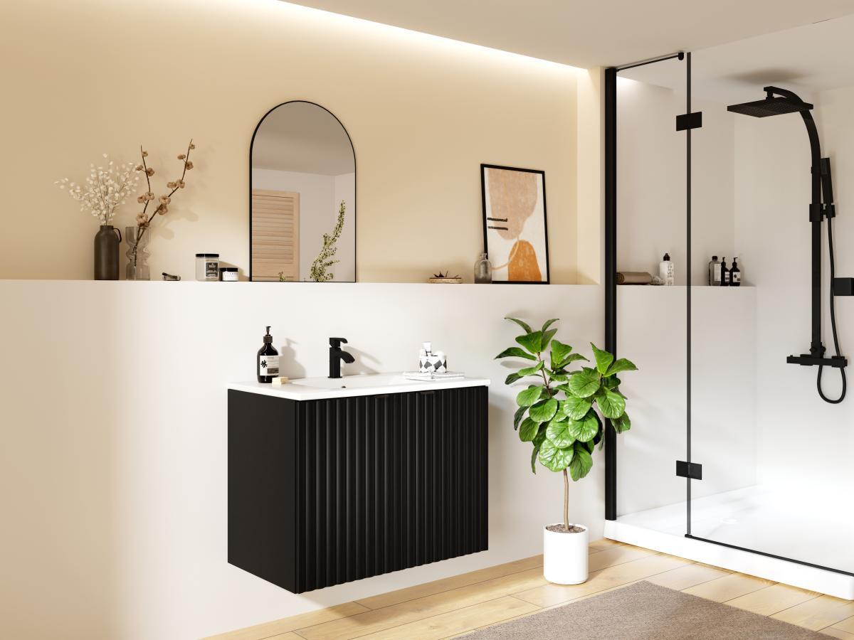 Vente-unique Mobile sotto lavabo sospeso a righe L80 cm Nero - ZILGA  