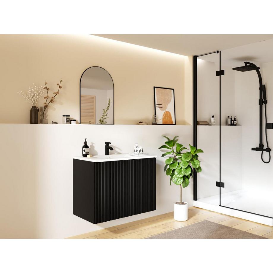 Vente-unique Mobile sotto lavabo sospeso a righe L80 cm Nero - ZILGA  
