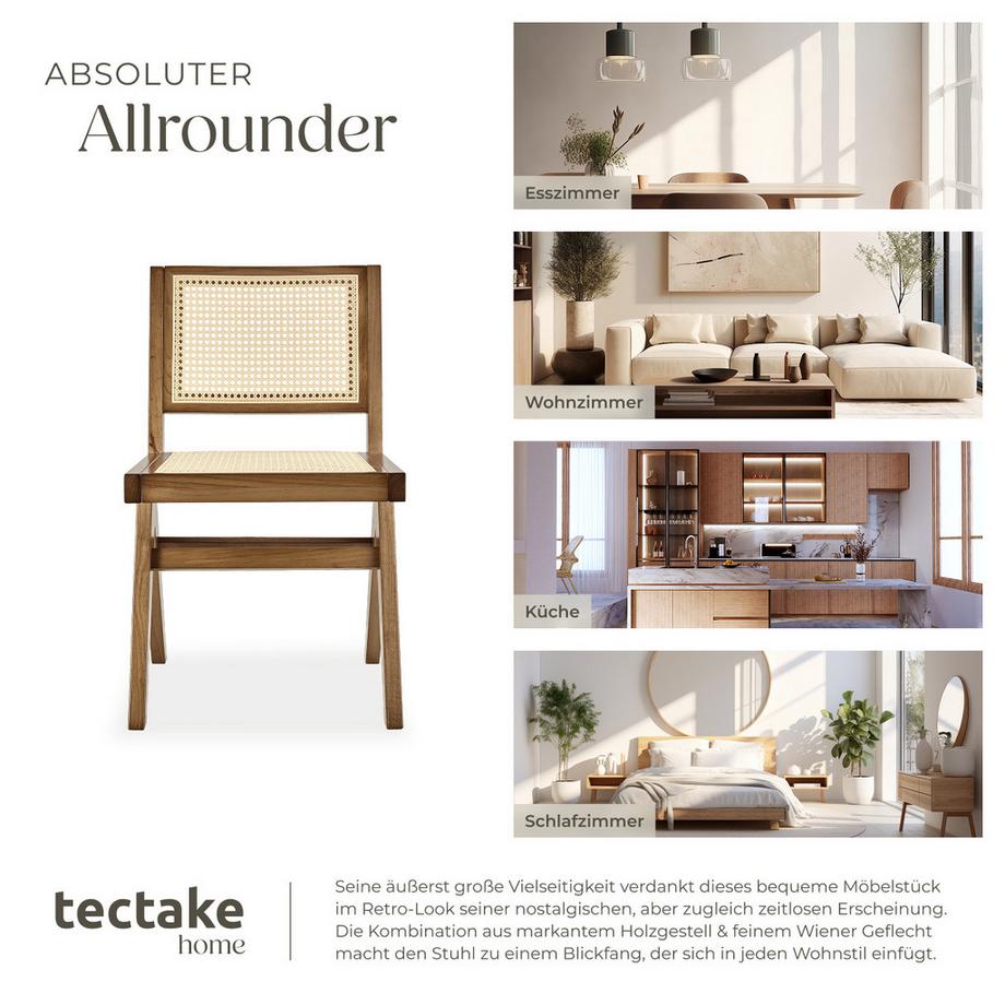 Tectake Holzstuhl Lissy Boho-Stil große Rückenlehne und Sitzfläche mit Wiener Geflecht  