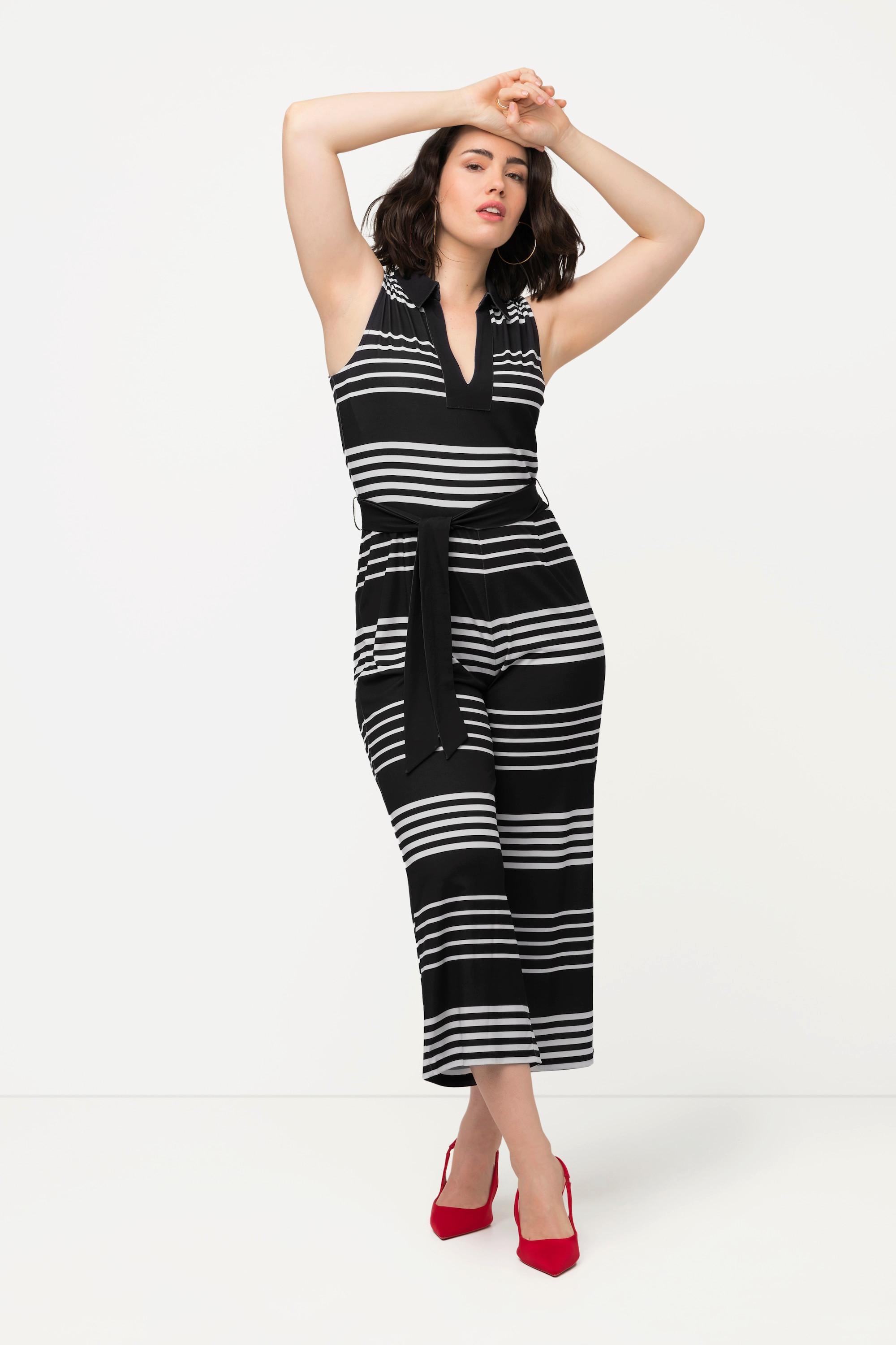 Ulla Popken  Jumpsuit, Streifen, Hemdkragen, weites Bein, ärmellos 