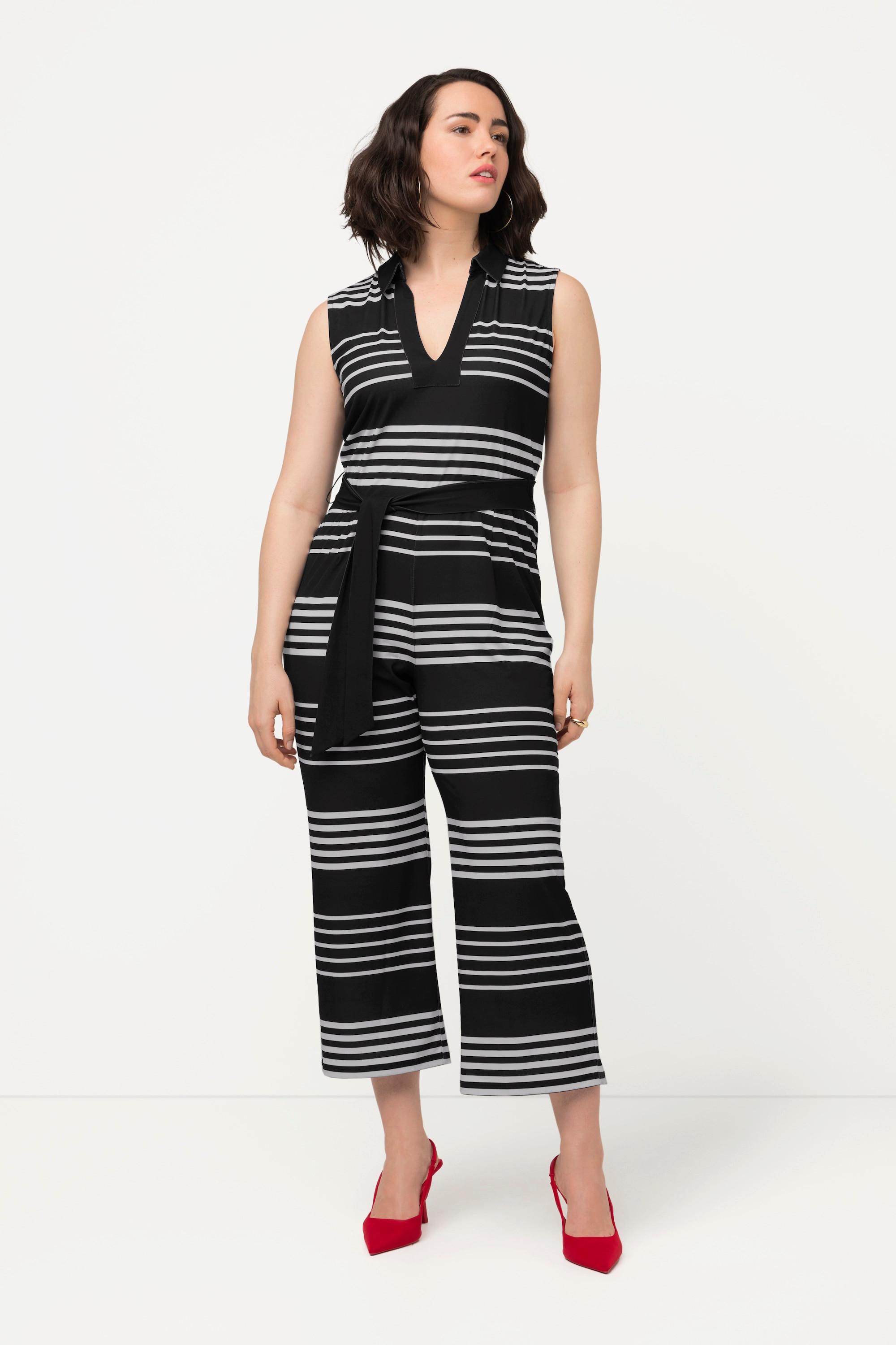 Ulla Popken  Jumpsuit, Streifen, Hemdkragen, weites Bein, ärmellos 