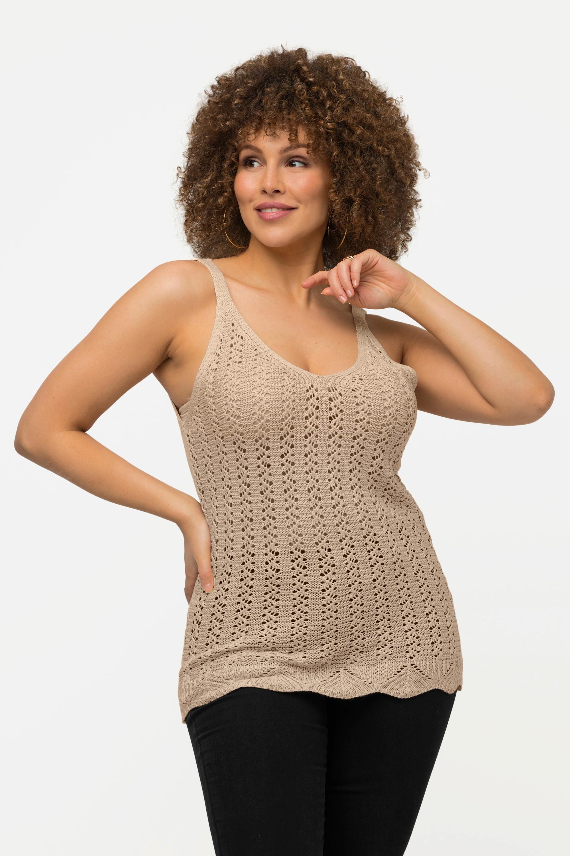 Ulla Popken  Top sans manches, en crochet. Décolleté en V et bretelles spaghetti. 