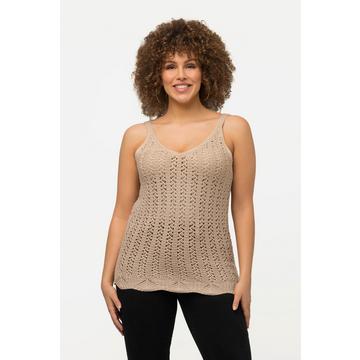 Top sans manches, en crochet. Décolleté en V et bretelles spaghetti.