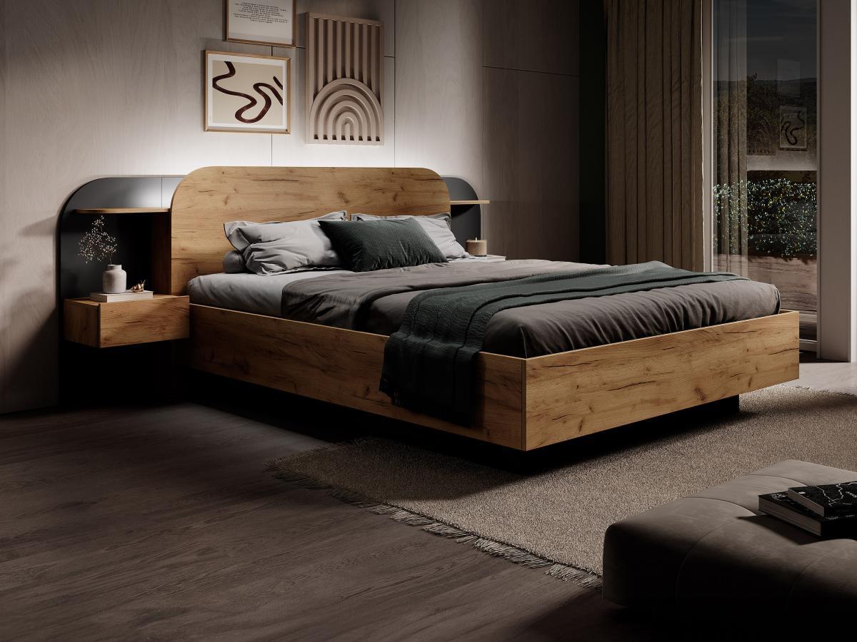 Vente-unique Letto con contenitore con comodini 160 x 200 cm Con LED Naturale e Nero + Materasso - JUVISIA  