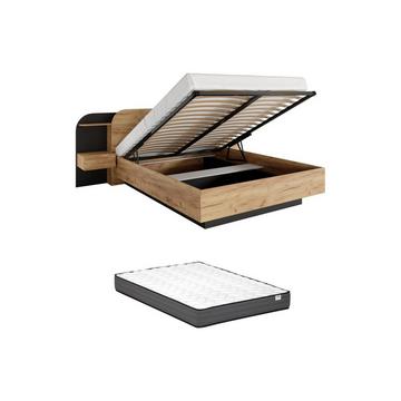 Bettkasten mit Nachttischen 160 x 200 cm - Mit LEDs - Naturfarben und Schwarz + Matratze - JUVISIA