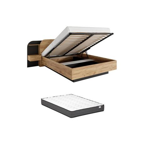 Vente-unique Bettkasten mit Nachttischen 160 x 200 cm - Mit LEDs - Naturfarben und Schwarz + Matratze - JUVISIA  