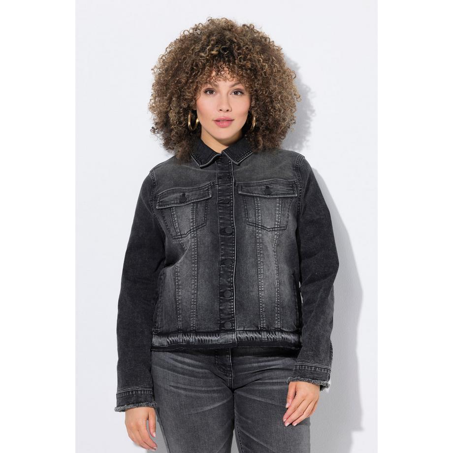 Ulla Popken Giacca di jeans Frange Collo a Camicia Maniche Lunghe  