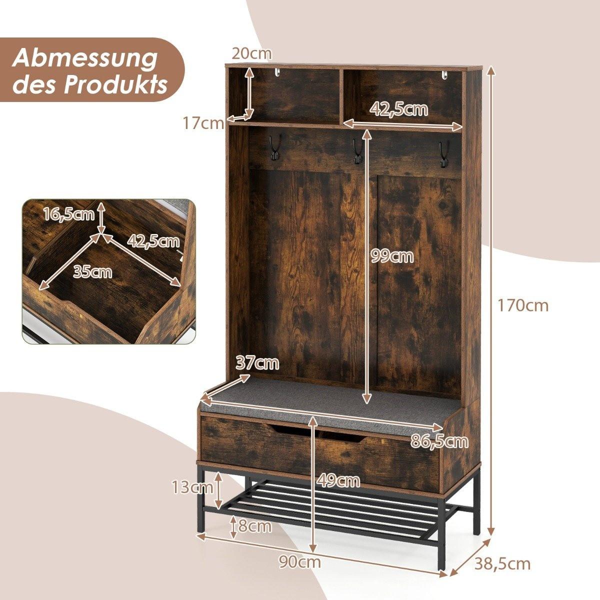 Northix Armoire 4 en 1 avec banc et amp; Armoire à chaussures & Porte-manteau à 3 crochets, porte-vêtements marron  