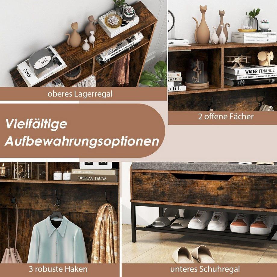 Northix 4 in 1 Garderobe mit Sitzbank & Schuhschrank & 3 Haken Garderobenständer Kleiderständer Braun  
