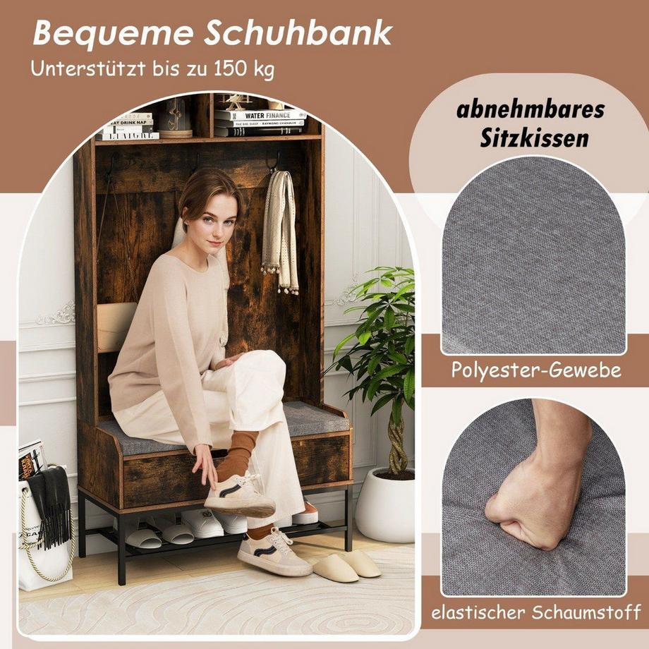 Northix 4 in 1 Garderobe mit Sitzbank & Schuhschrank & 3 Haken Garderobenständer Kleiderständer Braun  