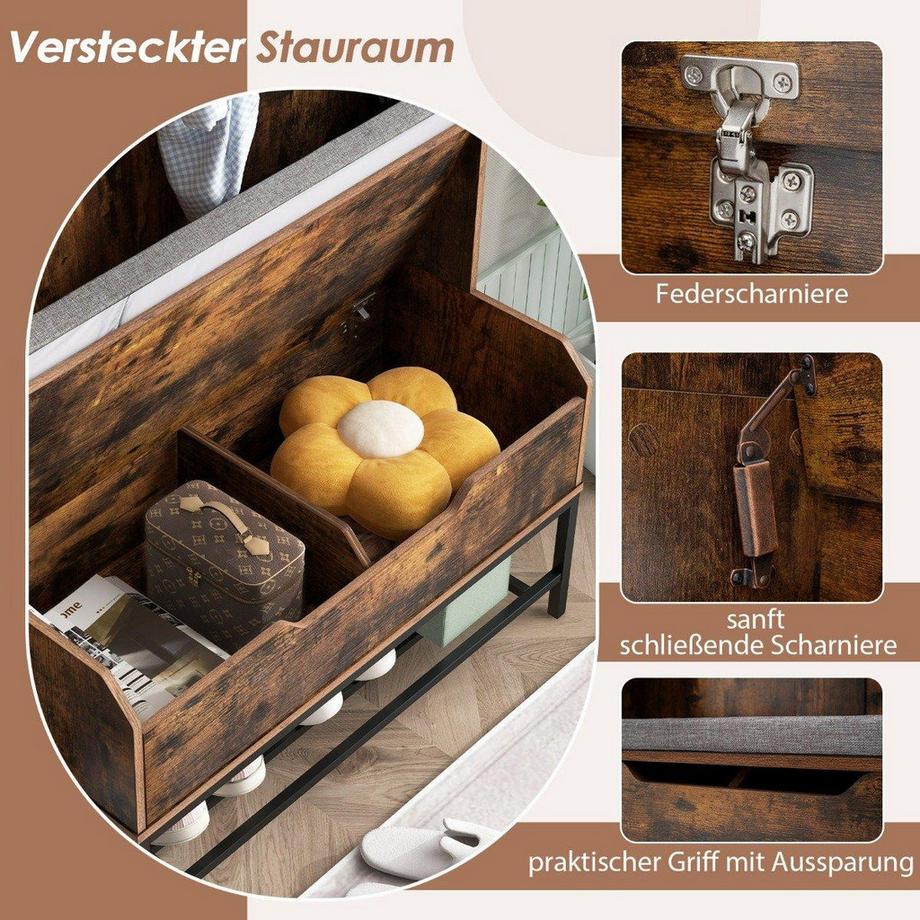 Northix 4 in 1 Garderobe mit Sitzbank & Schuhschrank & 3 Haken Garderobenständer Kleiderständer Braun  