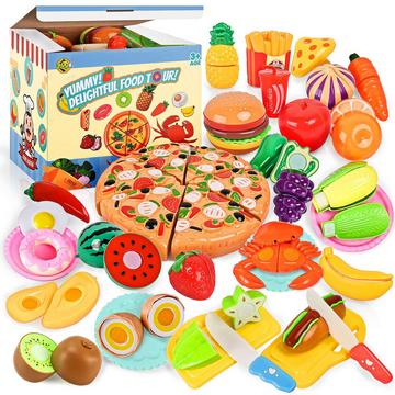 Küchenspielzeug für Kinder, Essen Kinderküche, Schneiden von Obst- und Gemüsespielzeug Pizza mit Klettverschluss