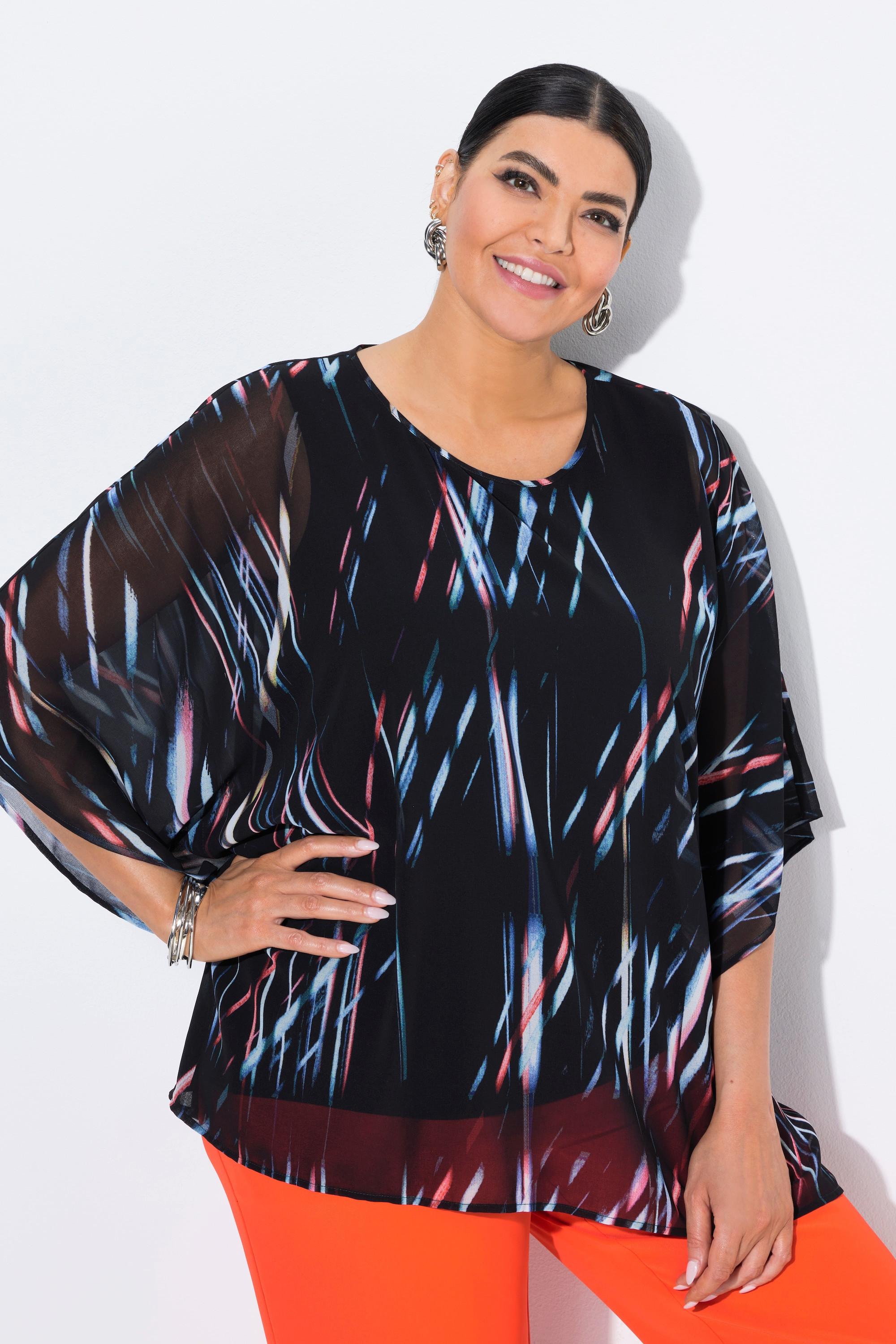 Ulla Popken Tunica in chiffon a righe oversize scollo rotondo maniche 3/4  