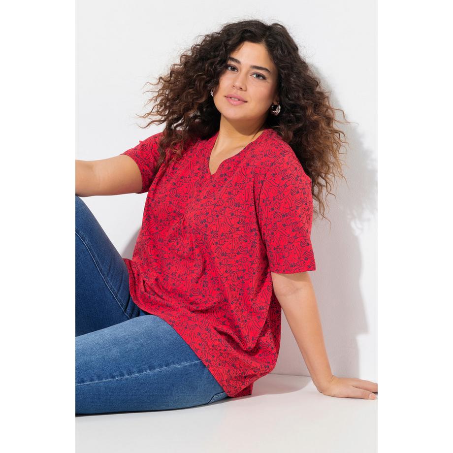 Ulla Popken Motif Poissons Plis Fantaisie Col V Manches Courtes T-Shirt  