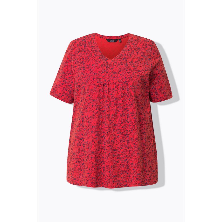 Ulla Popken Motif Poissons Plis Fantaisie Col V Manches Courtes T-Shirt  