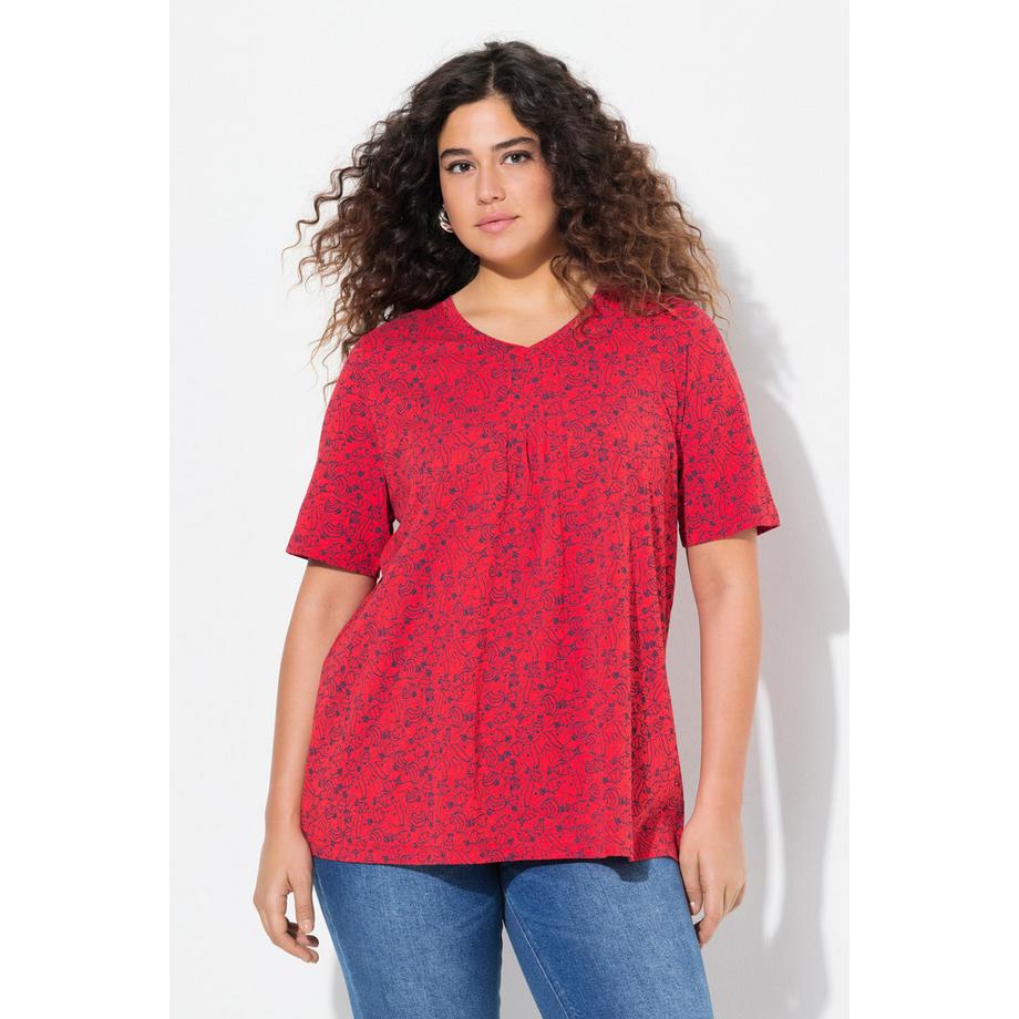 Ulla Popken Motif Poissons Plis Fantaisie Col V Manches Courtes T-Shirt  