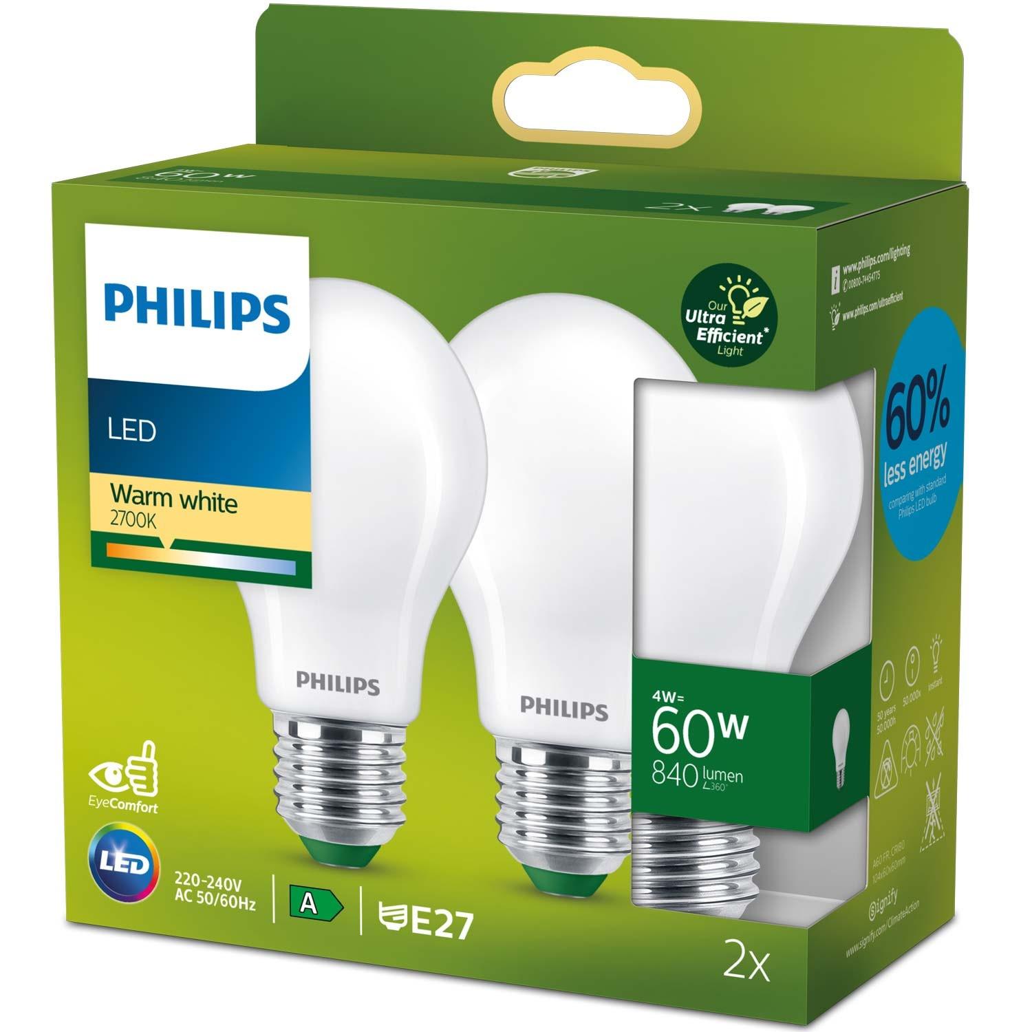 PHILIPS Pack de 2 LED E27 Normal 4W (60W) Dépoli 840lm 2700K Classe énergétique A  