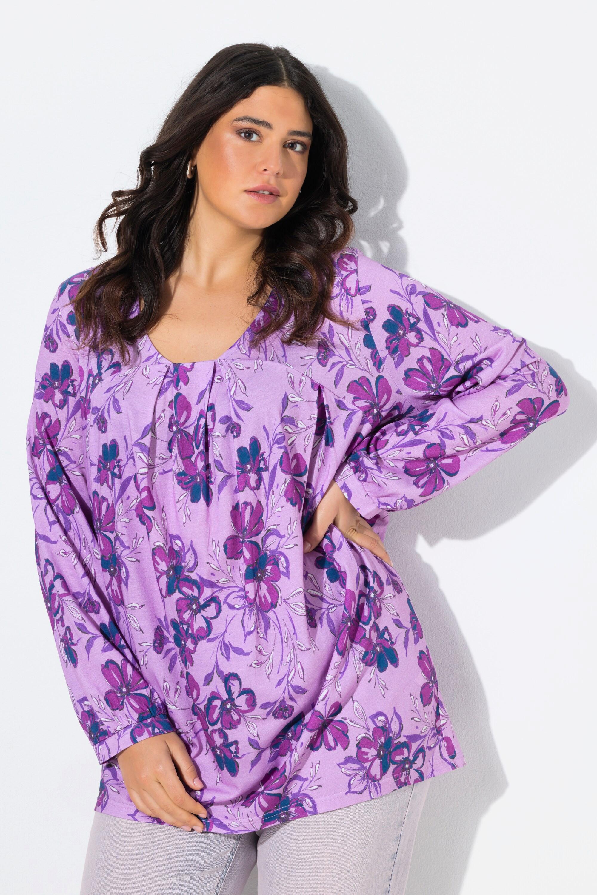 Ulla Popken Maglia Svasata Maniche Lunghe con Pieghe Decorative e Scollatura Rettangolare  