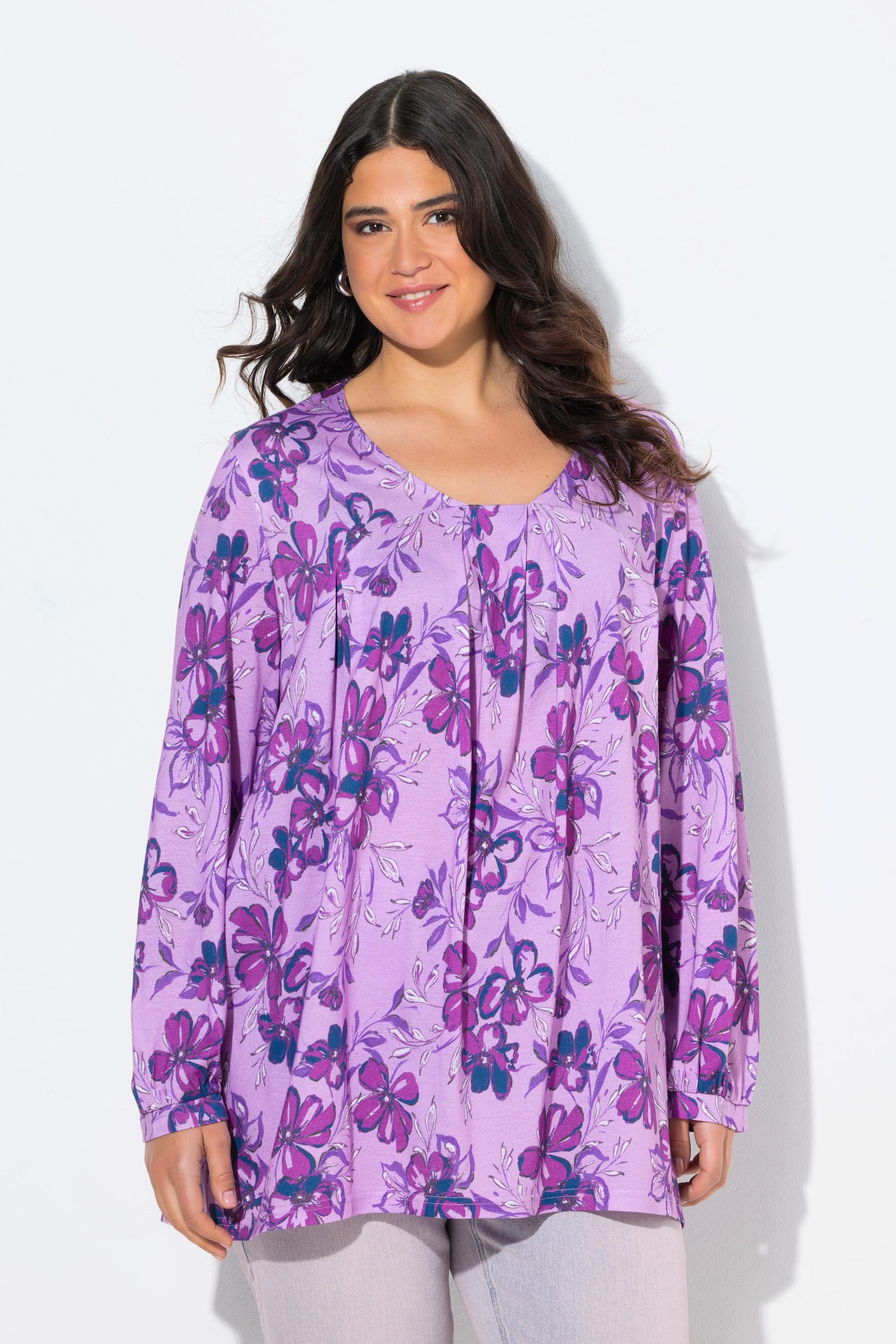 Ulla Popken Maglia Svasata Maniche Lunghe con Pieghe Decorative e Scollatura Rettangolare  