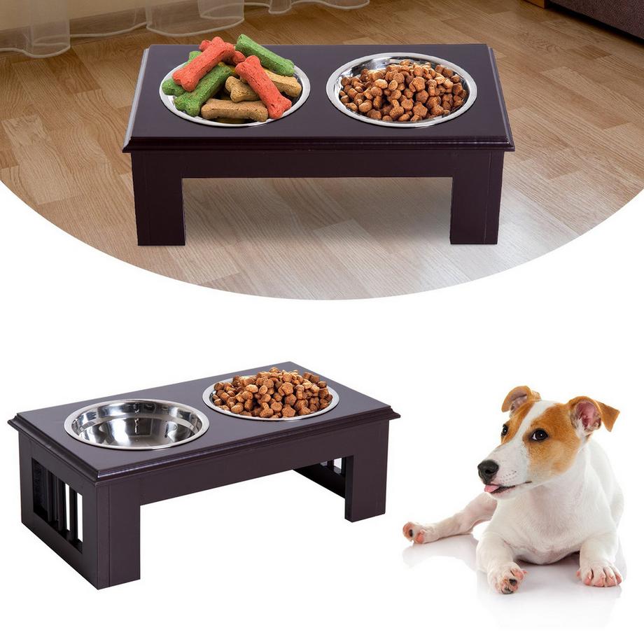 Northio  Hundenapf Set 2 Edelstahl Futterschüsseln, Erhöhter Katzenapf, Mdf, Pflegeleicht, Kaffee, 44X24X15Cm 