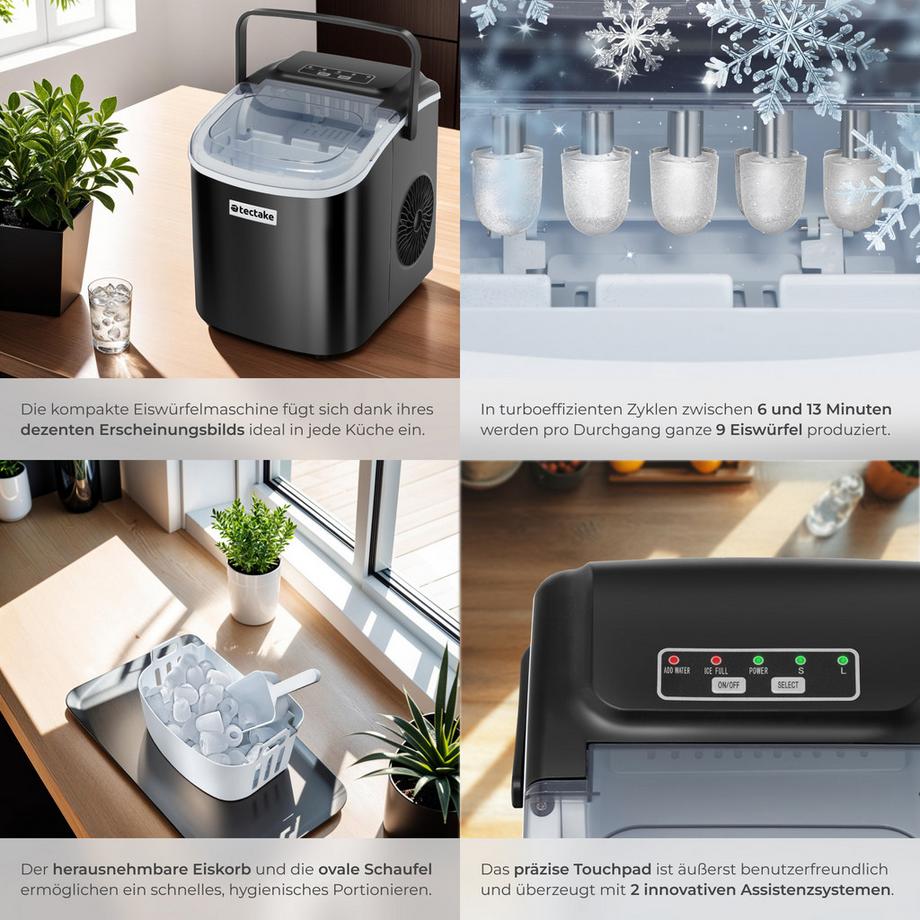 Tectake Eiswürfelmaschine Arctic 1,2 l Wassertank, 2 Eiswürfelgrößen Zubereitung in 6 bis 13 Minuten, 12 kg in 24 h  