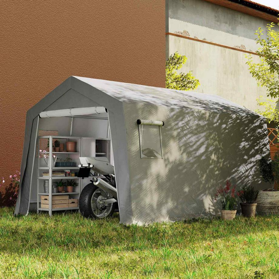 Northio Gerätehaus mit Satteldach wasserdicht Gerätezelt mit Türen, Fenster, Anti-Staub-Fahrradabdeckung, Foliengerätehaus Fahradgarage für Terrasse Garten, 300 x 447 x 255 cm, Hellgrau Aosom  