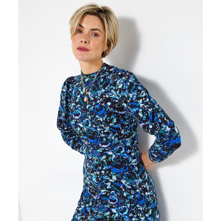 Joe Browns Florales Jerseykleid im Vintage-Stil mit hohem Kragen und Rüschen  