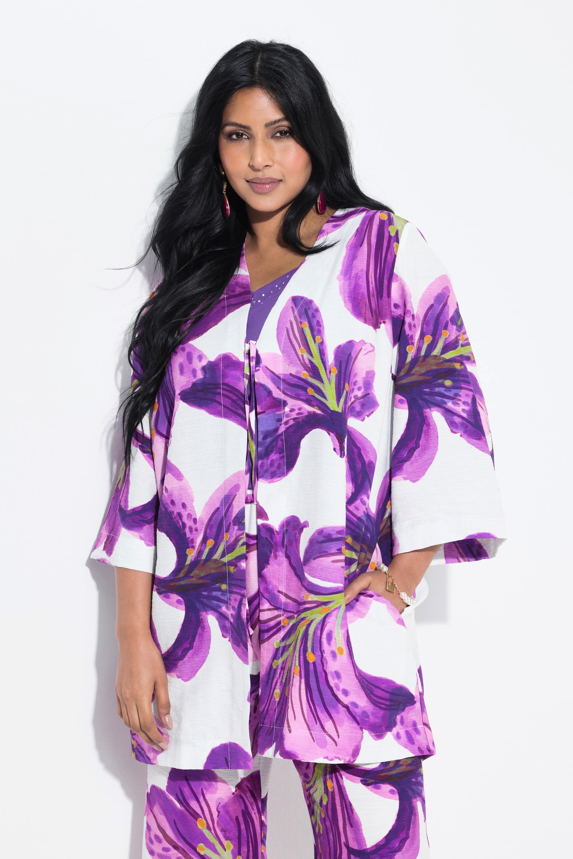 Ulla Popken Veste à fleurs Encolure V Manches 3/4  