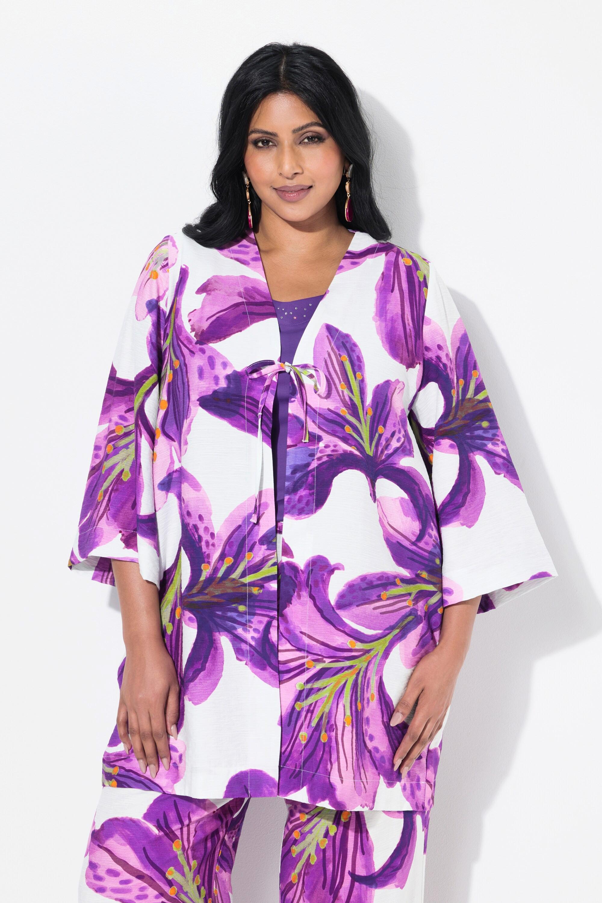 Ulla Popken Veste à fleurs Encolure V Manches 3/4  