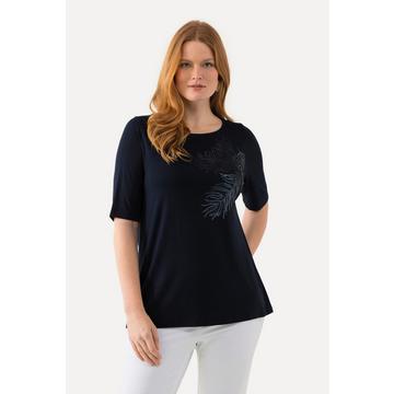 T-shirt manches courtes et décolleté bateau, feuille avec paillettes