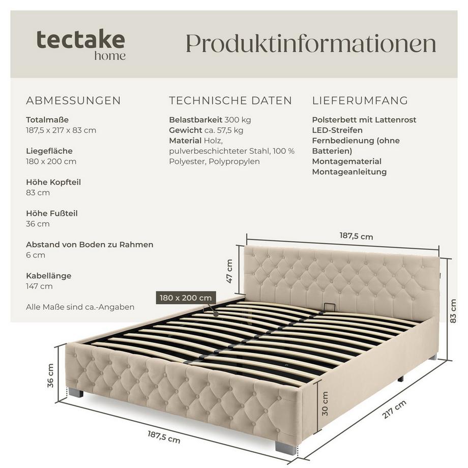 Tectake letto imbottito Daytona in effetto velluto con motivo trapuntato  
