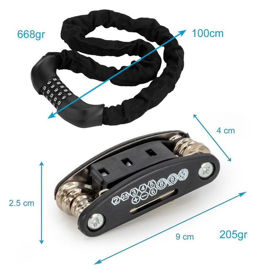 Intirilife  Kit vélo Intirilife : Antivol à chaîne flexible avec serrure à combinaison & Multitool 16 en 1 
