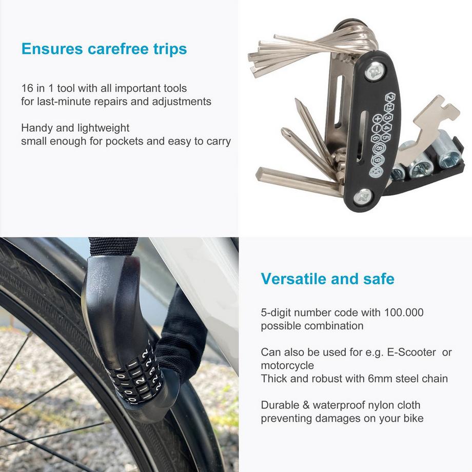 Intirilife  Kit vélo Intirilife : Antivol à chaîne flexible avec serrure à combinaison & Multitool 16 en 1 