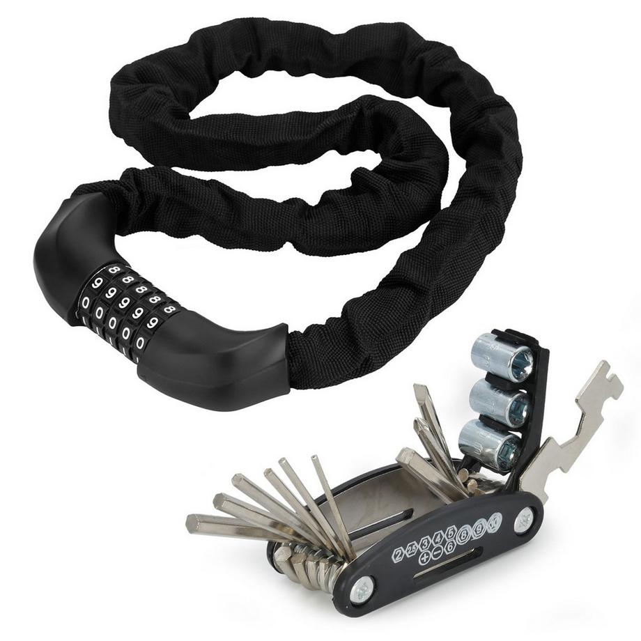 Intirilife  Kit vélo Intirilife : Antivol à chaîne flexible avec serrure à combinaison & Multitool 16 en 1 
